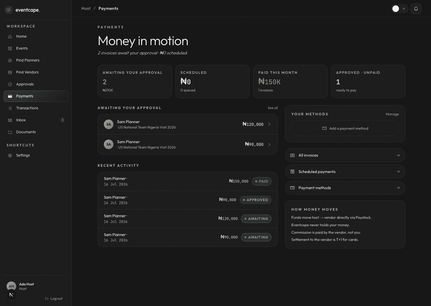 Eventcape host payments — milestone invoices awaiting approval, approved, and paid