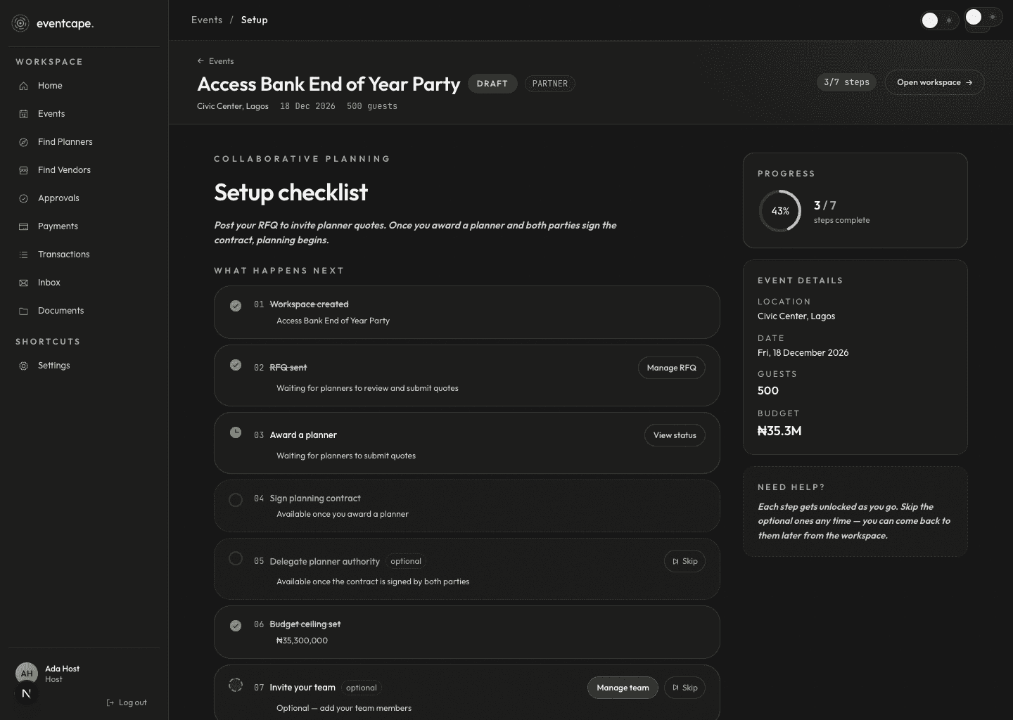 Eventcape setup checklist — RFQ sent, award a planner, sign the contract, then planning begins